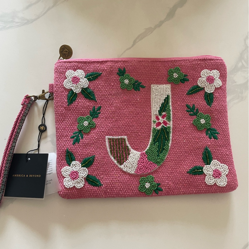 NWT America & Beyond Beaded Monogram Wristlet - J
